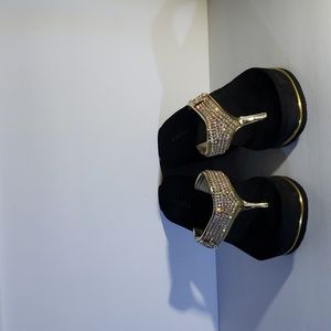 Black Guess Wedge Sandals with Sparkling Rhinestone Bands, Women's Size 5